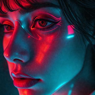 The primary subject of the image is a woman with a red and blue glowing face. The setting is a dark room, and the visual style appears to be a digital art or illustration. The dominant colors in the image are red and blue, creating a striking and vibrant atmosphere.